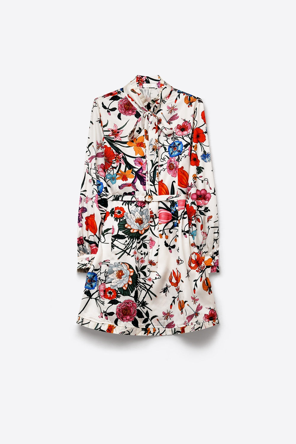 White Floral Print Lightweight Woven Belted Long Sleeve Mini Dress