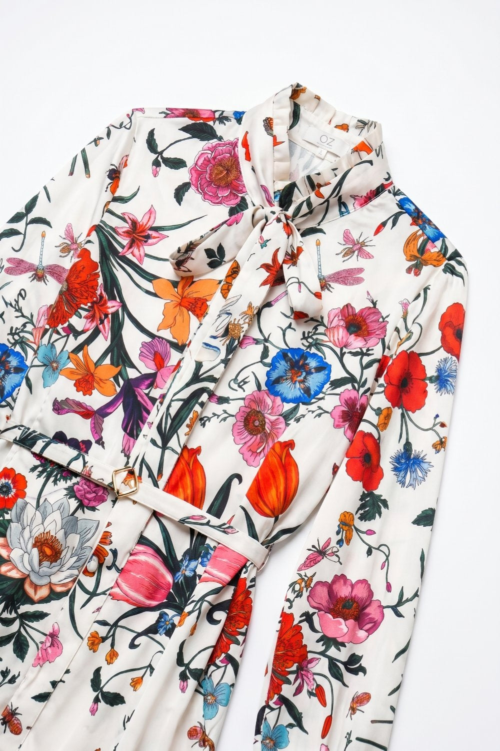 White Floral Print Lightweight Woven Belted Long Sleeve Mini Dress