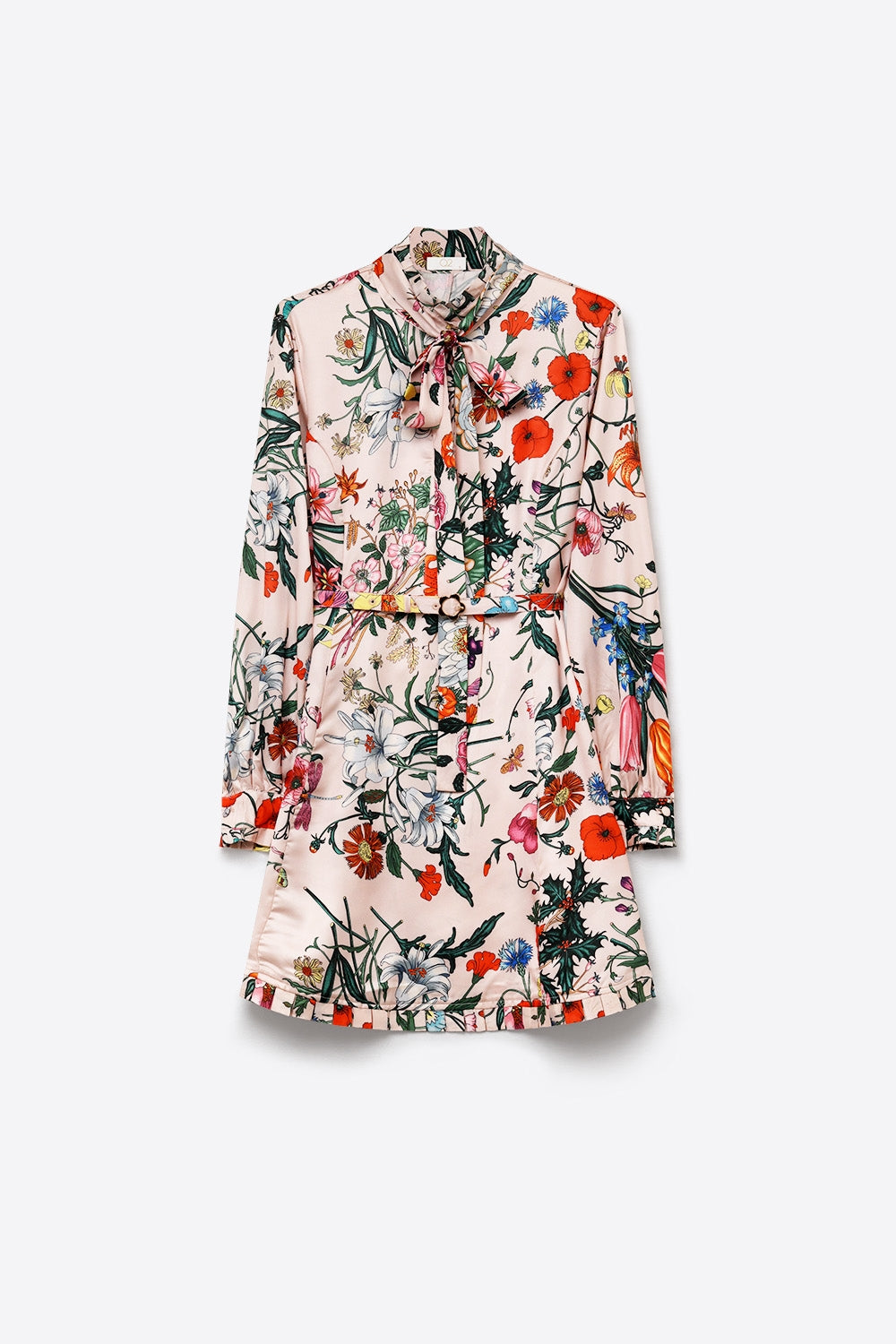 Pink Floral Print Satin Tie Neck Belted Mini Dress