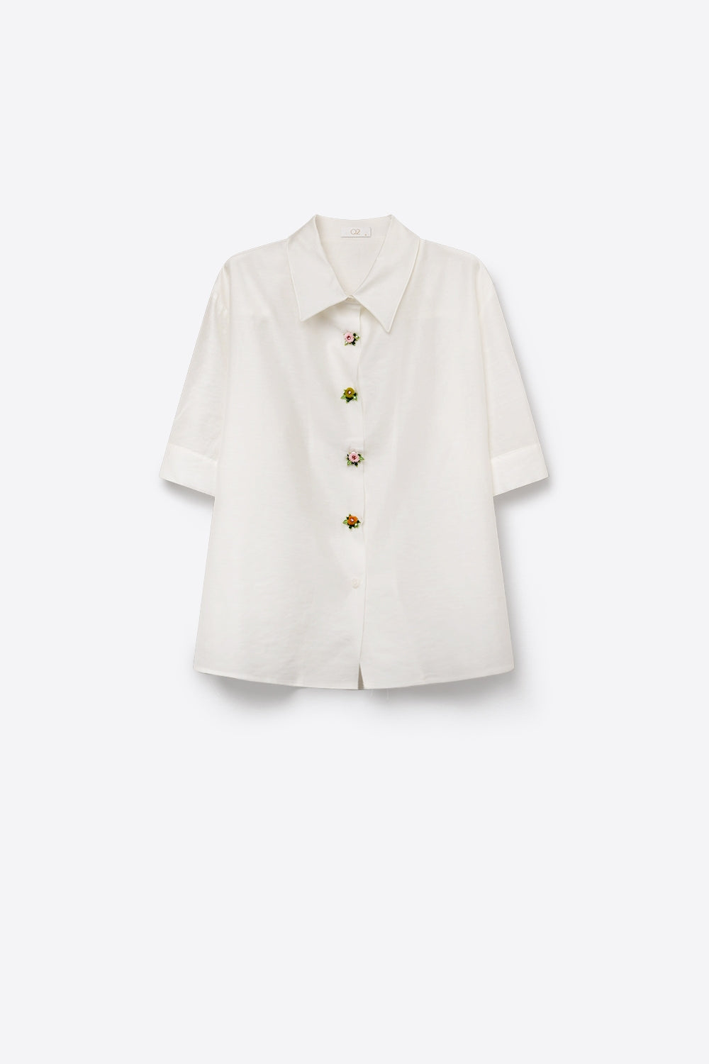White Tencel Shirt with Jewel Flower Buttons