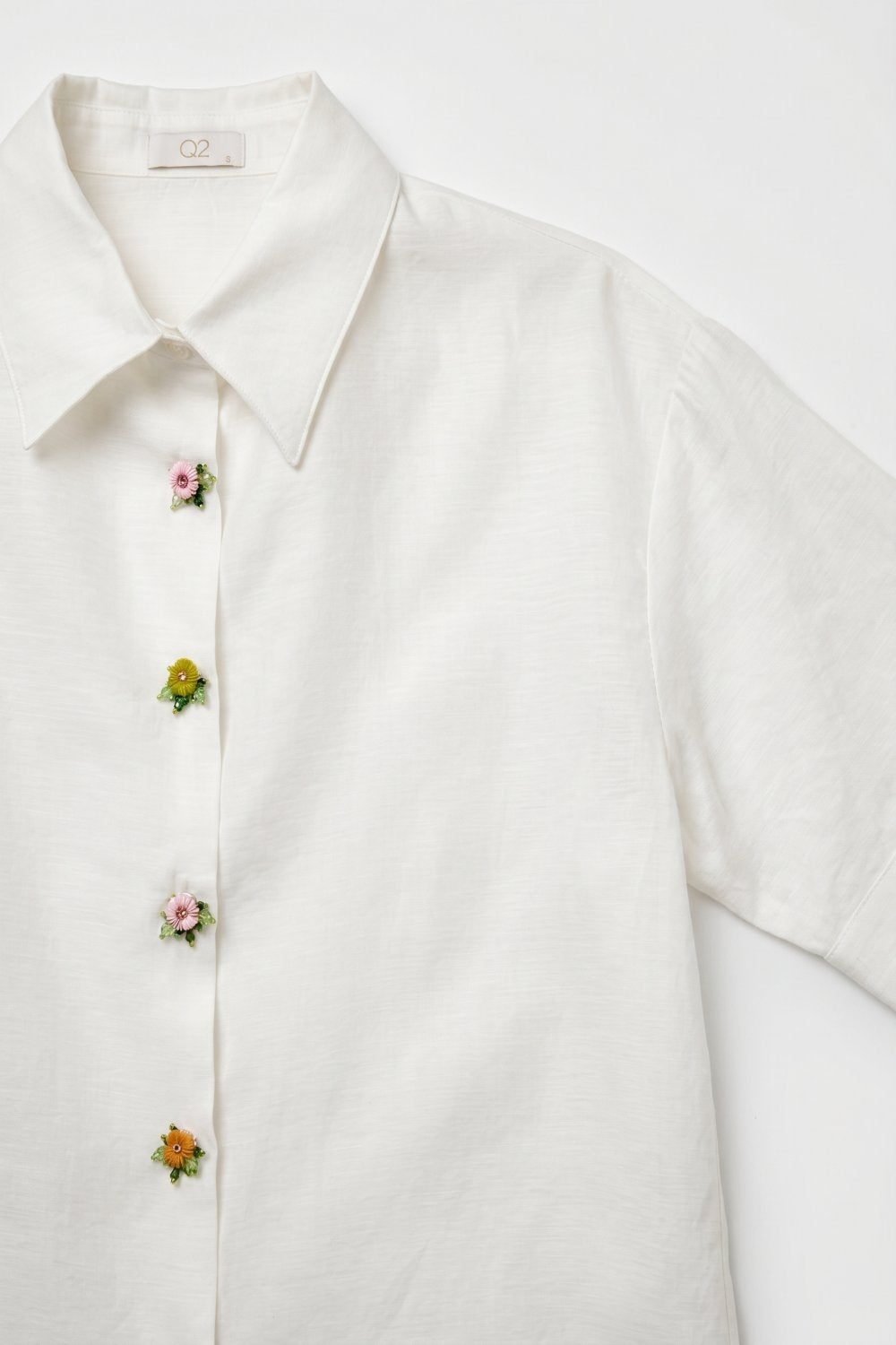 White Tencel Shirt with Jewel Flower Buttons