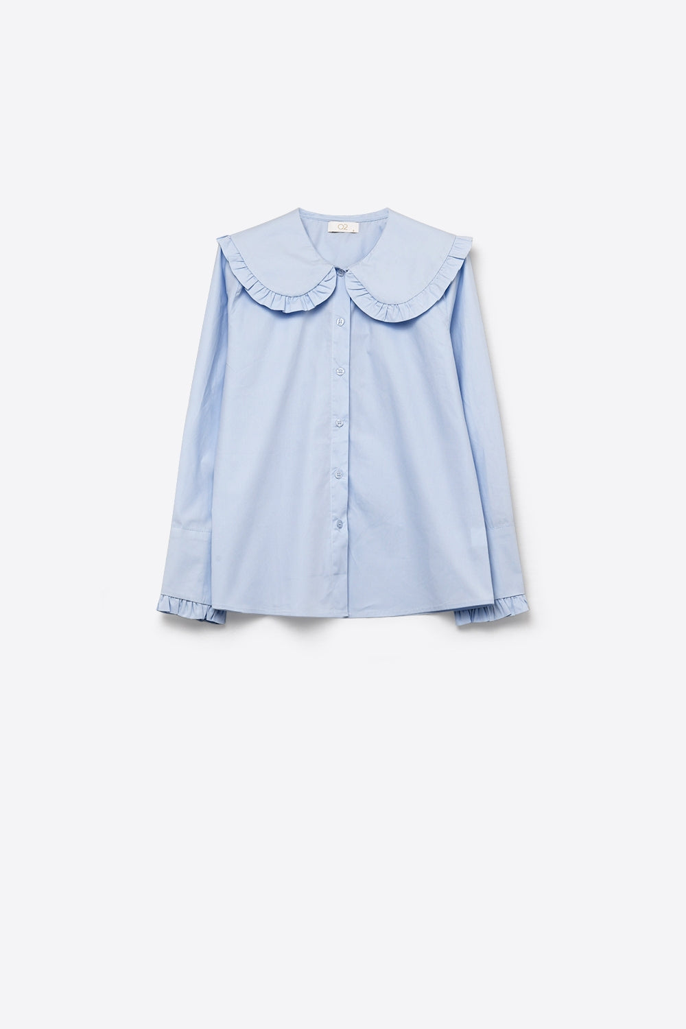 Light Blue Poplin Ruffle Collar Long Sleeve Regular Fit Shirt