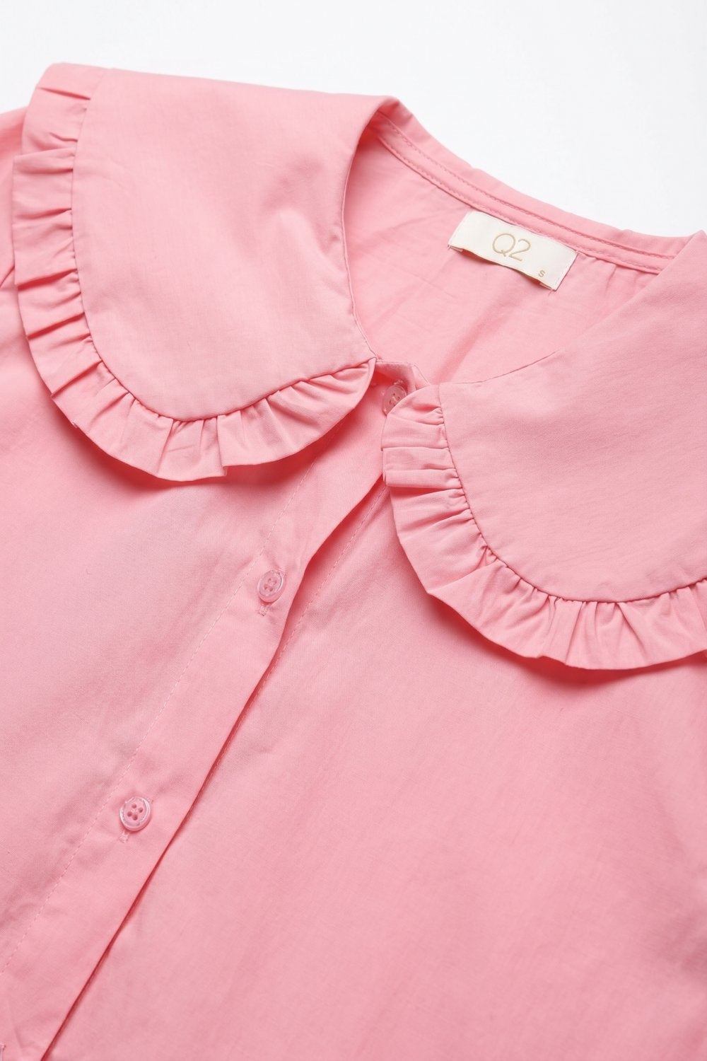 Pink Cotton Poplin Ruffle Prairie Collar Long Sleeve Shirt