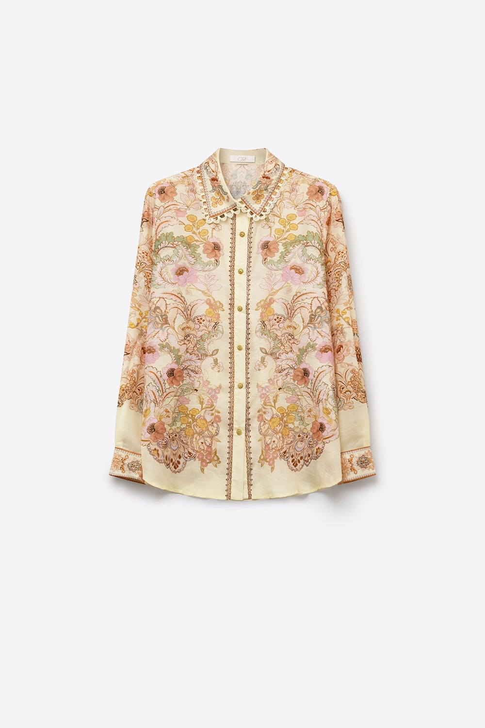 Butter yellow Floral Print shirt with Lace Trim detail