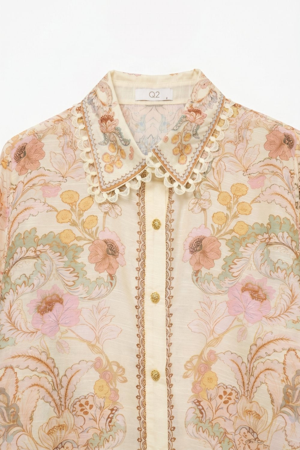 Butter yellow Floral Print shirt with Lace Trim detail