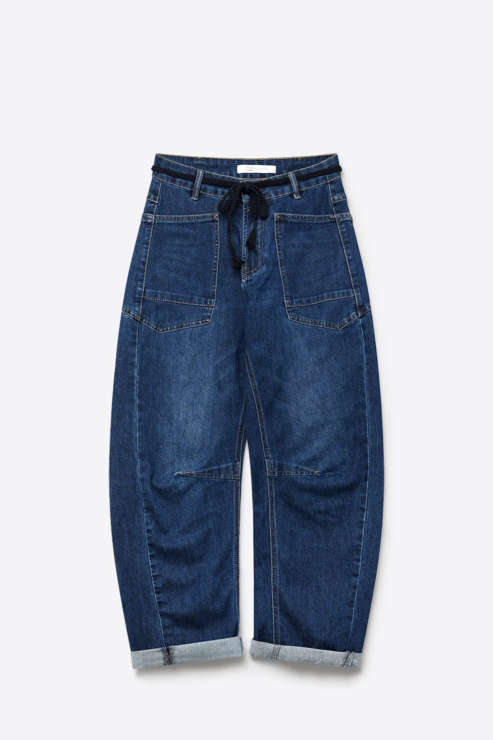 Dark wash Drawstring Waist jeans with Rolled Cuff and Wide Leg