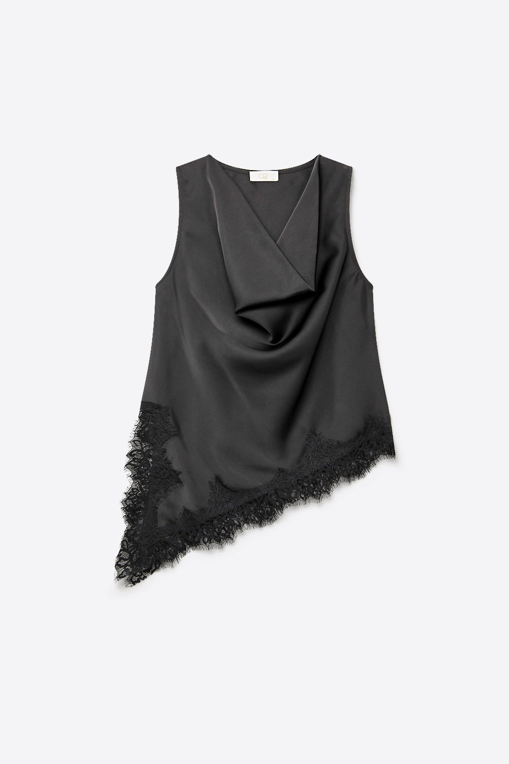 Black Satin Lace Trim Asymmetric Hem Sleeveless Top
