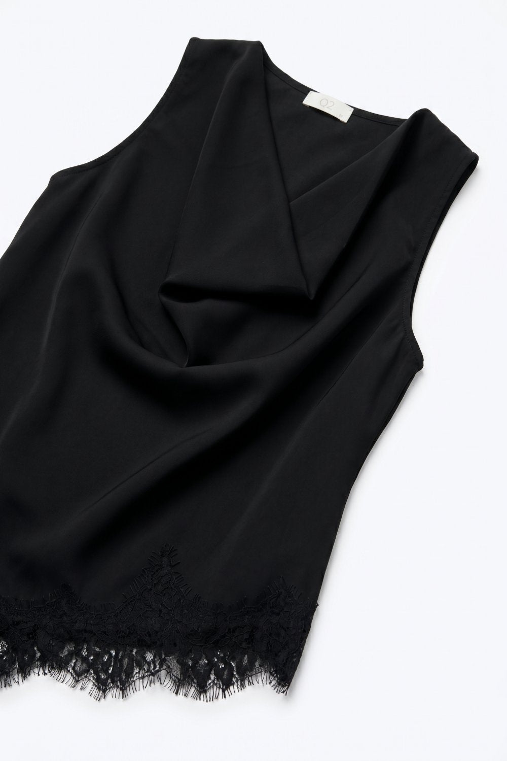 Black Satin Lace Trim Asymmetric Hem Sleeveless Top