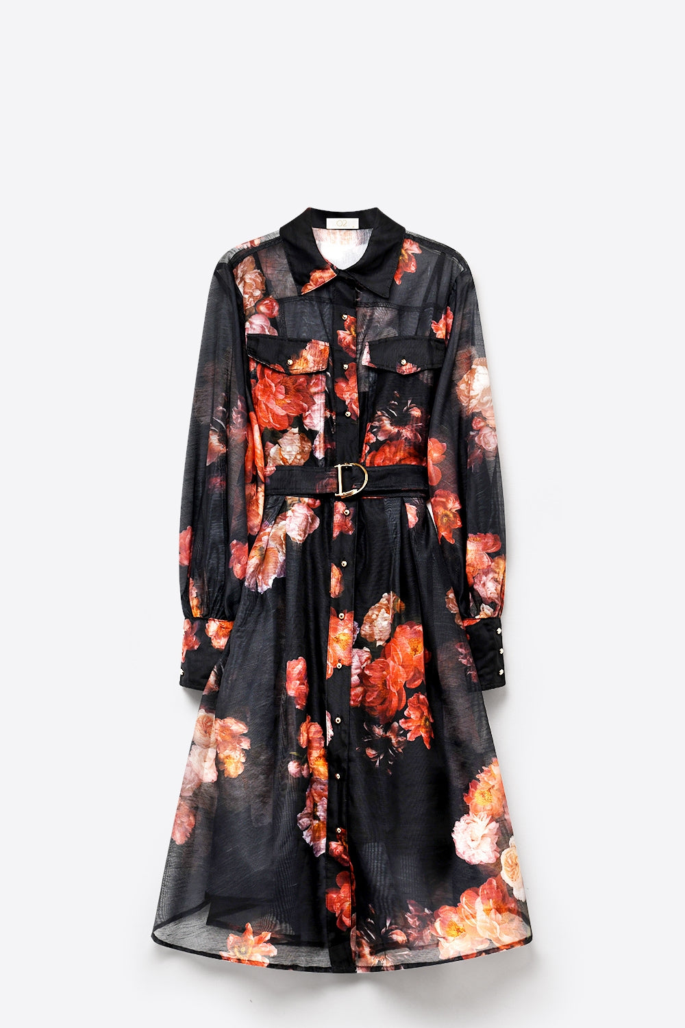 Black Floral Print Sheer Belted Midi Shirt Dress Long Sleeves
