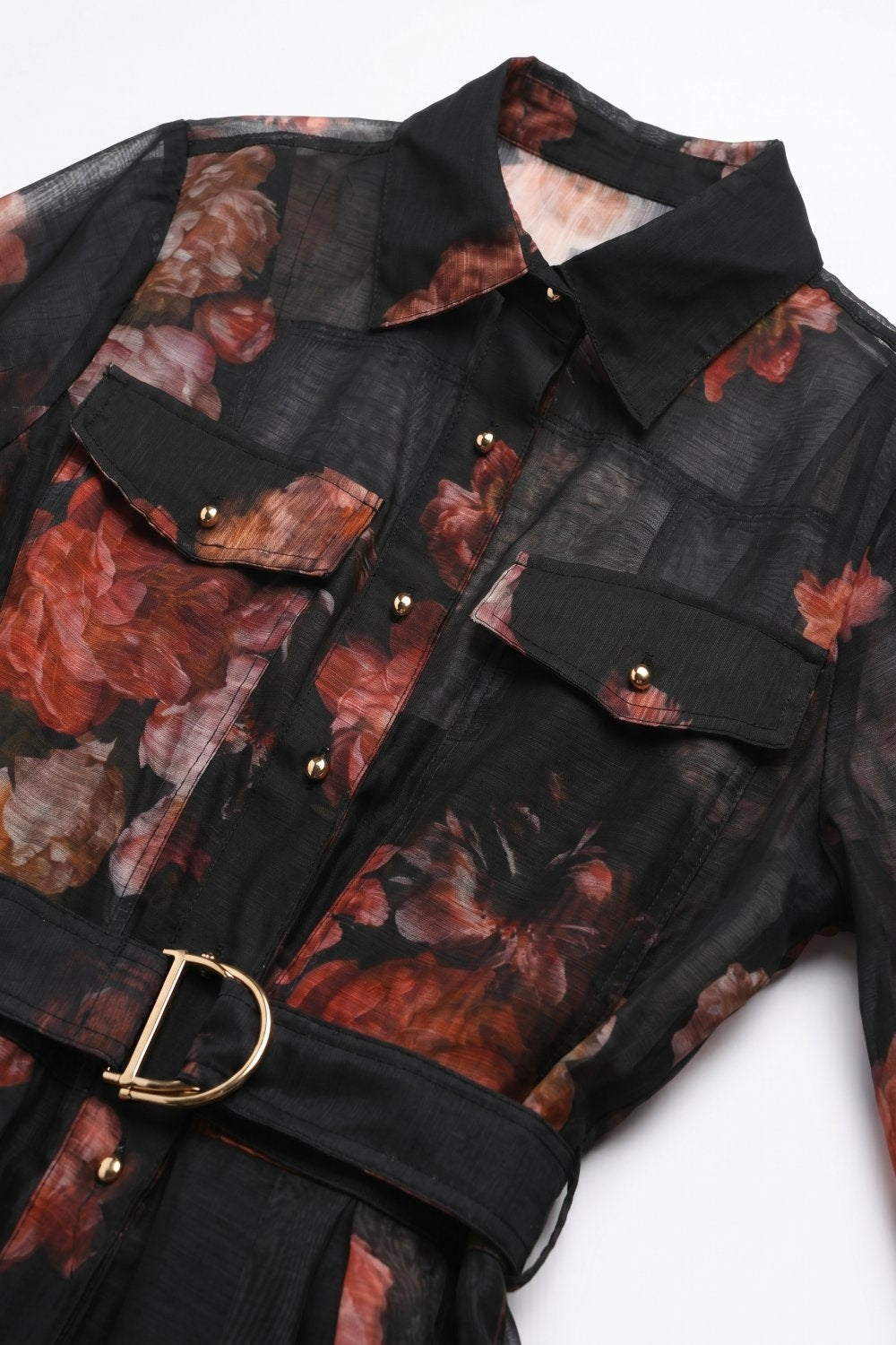 Black Floral Print Sheer Belted Midi Shirt Dress Long Sleeves