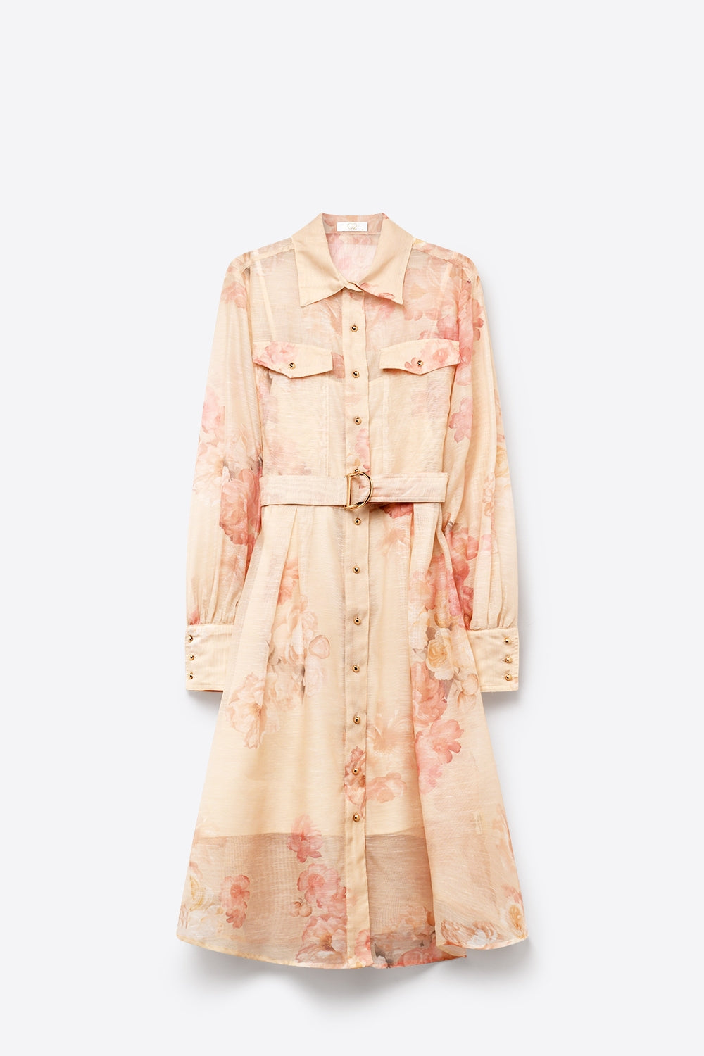Beige Floral Print Chiffon Belted Midi Shirt Dress with Gold Buttons