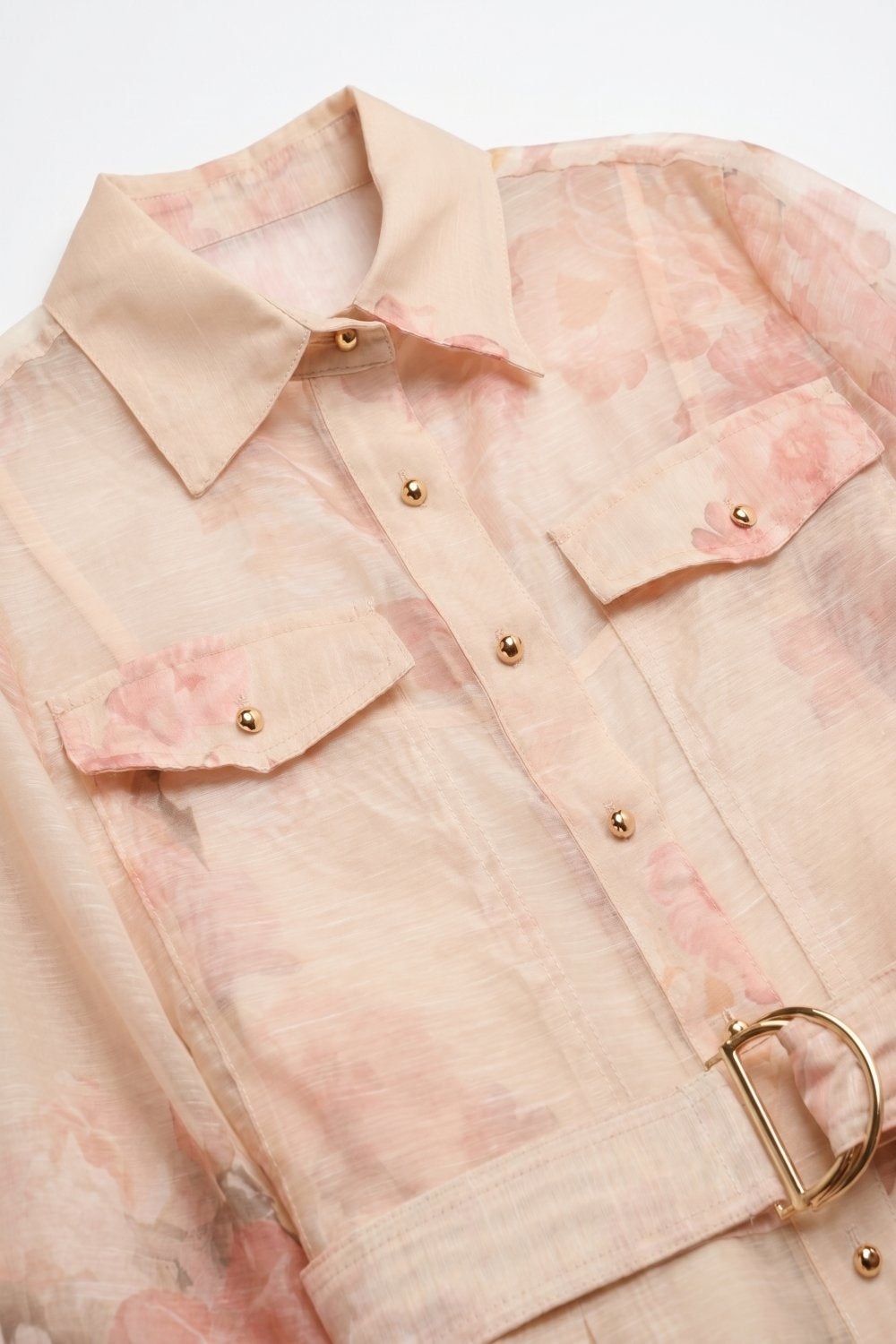Beige Floral Print Chiffon Belted Midi Shirt Dress with Gold Buttons