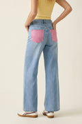 Light Blue Wide-Leg Denim Jeans with back pockets in strass pink