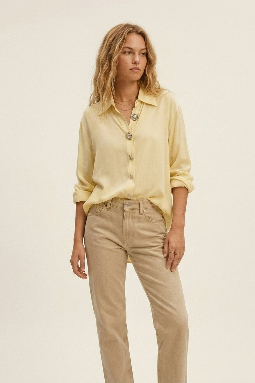 Butter Yellow Embellished Button-Down Blouse in tencel fabric