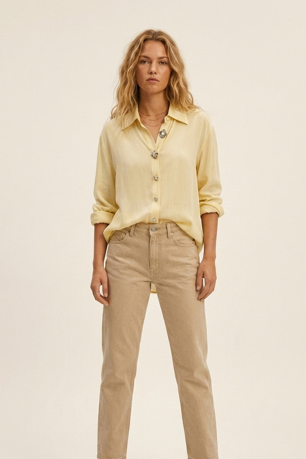 Butter Yellow Embellished Button-Down Blouse in tencel fabric