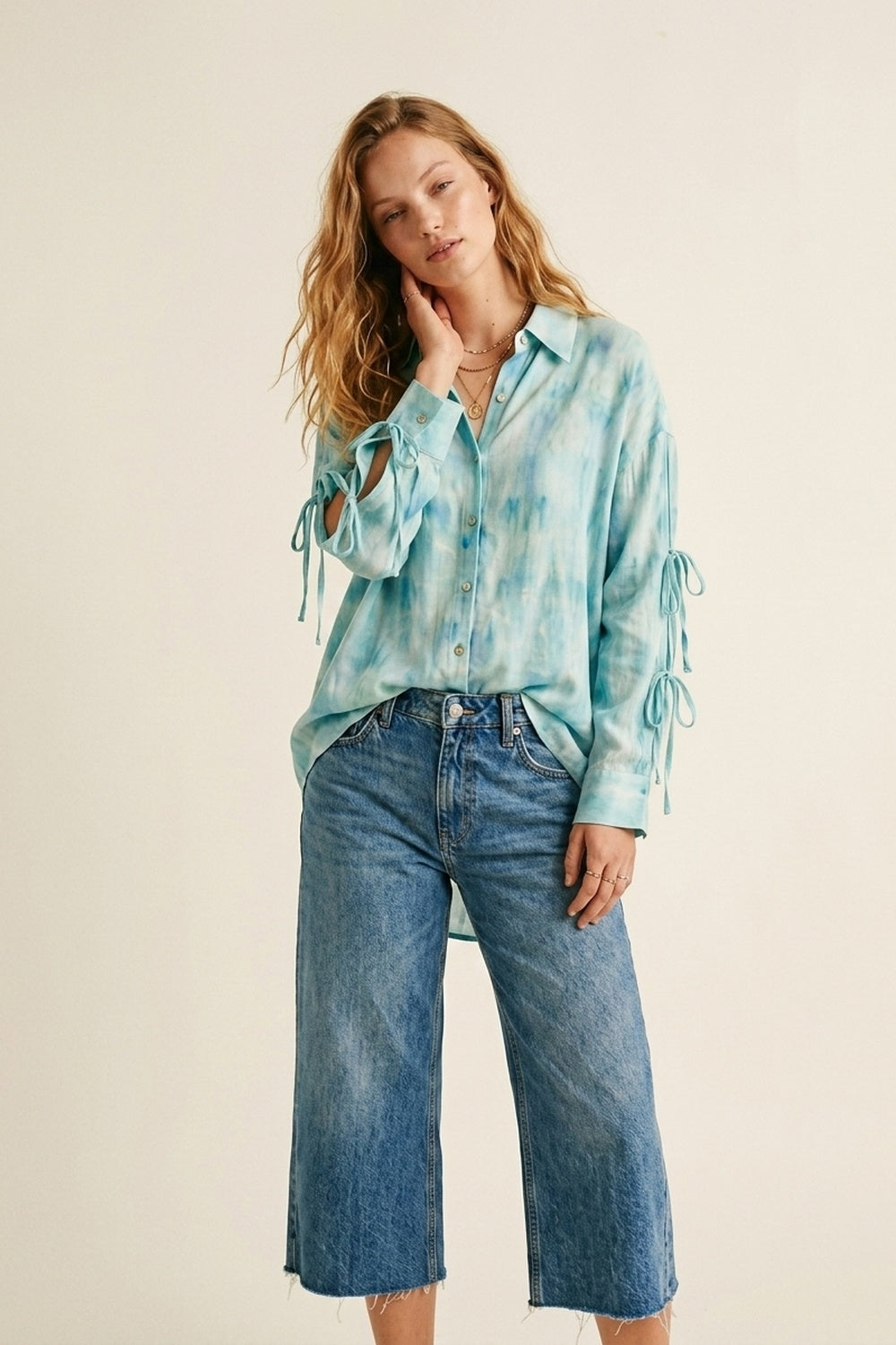 oversized light blue Tie-Sleeve Button-Up Shirt