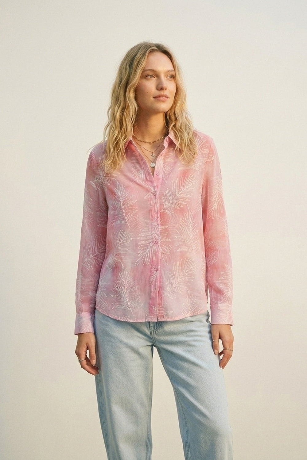 Pink Sheer Leaf Print Button-Up Shirt with translucent fabric