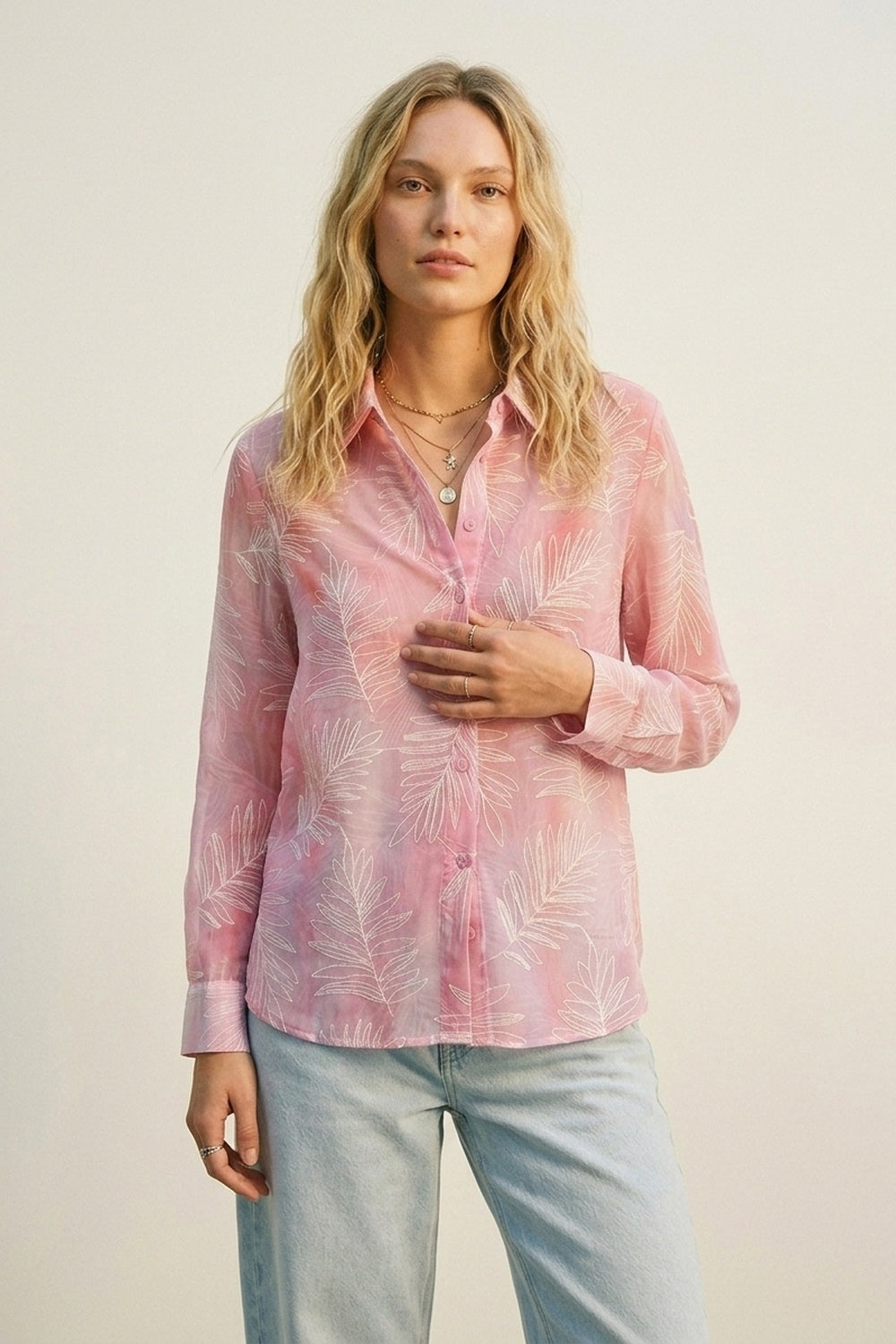 Pink Sheer Leaf Print Button-Up Shirt with translucent fabric