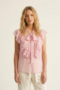 Light Pink Polka-Dot Chiffon Ruffle Bow Tie Sleeveless Blouse