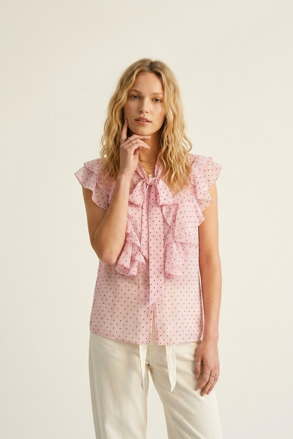 Light Pink Polka-Dot Chiffon Ruffle Bow Tie Sleeveless Blouse