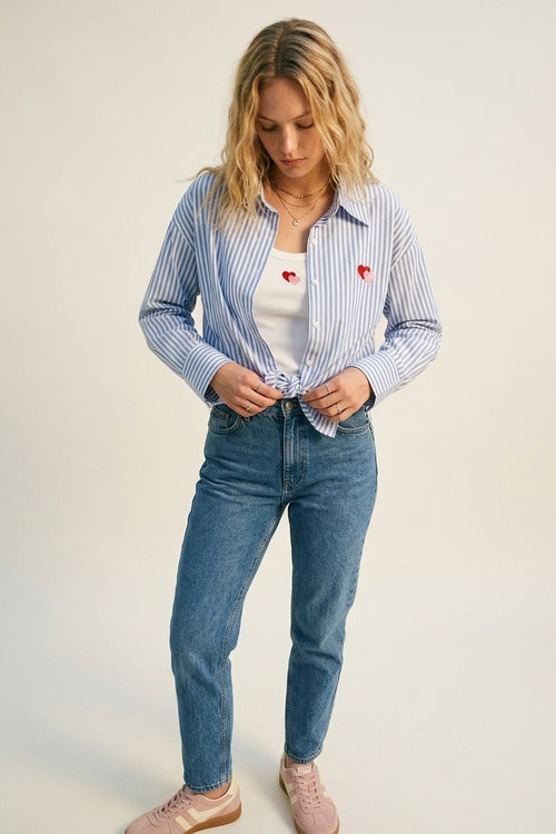 Blue Stripe Cotton Embroidered Heart Set t-shirt and shirt 2 pieces