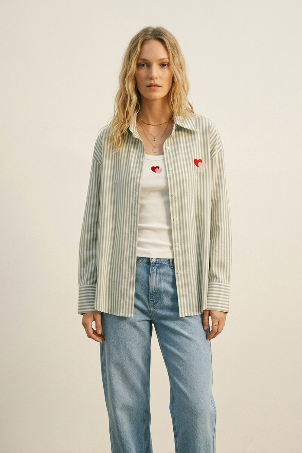 green Stripe Cotton Embroidered Heart Set t-shirt and shirt 2 pieces