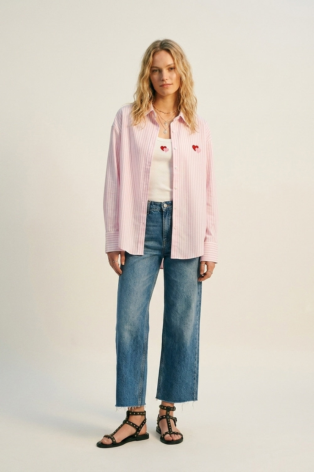 Pink Stripe Cotton Embroidered Heart Set t-shirt and shirt 2 pieces