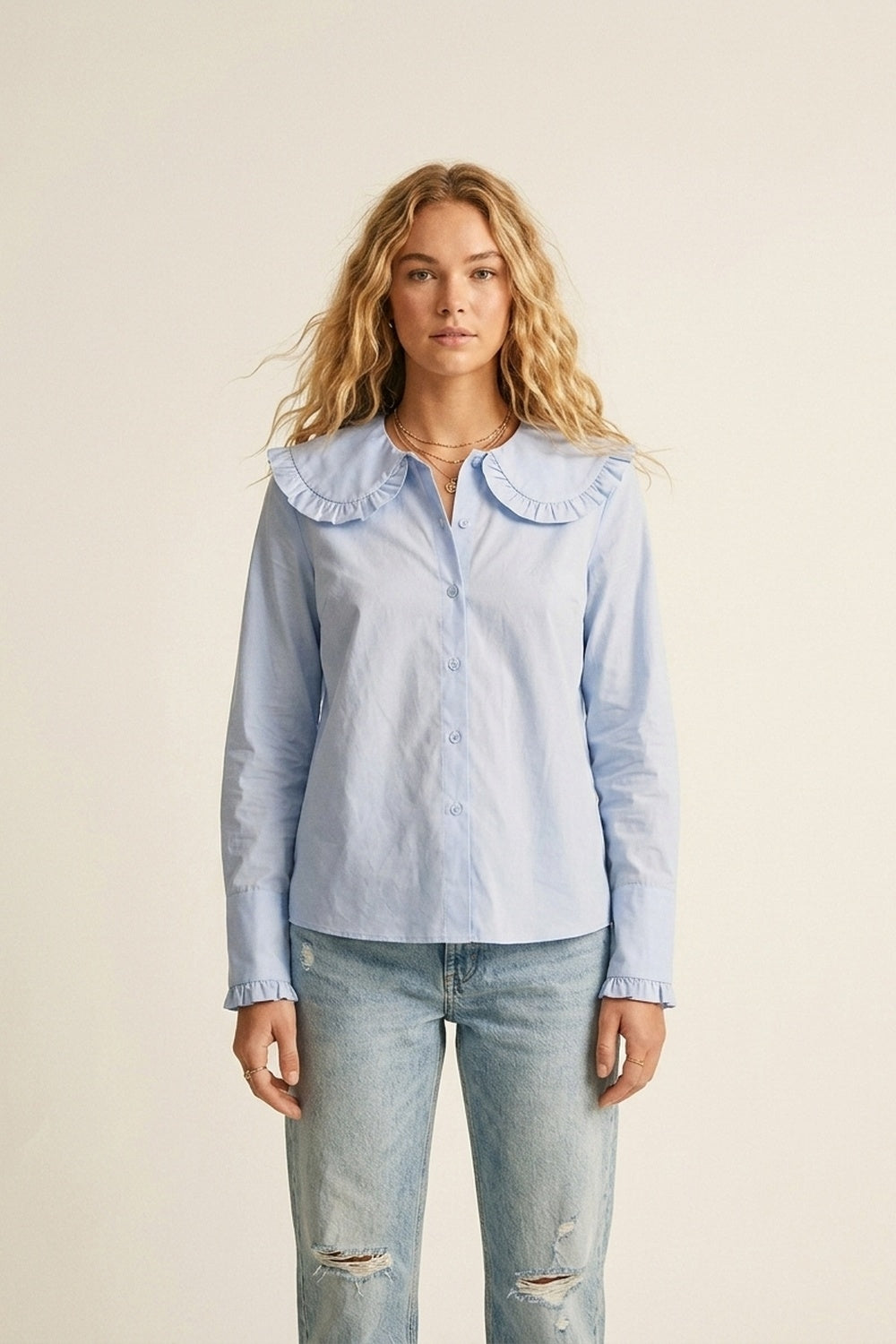 Light Blue Poplin Ruffle Collar Long Sleeve Regular Fit Shirt
