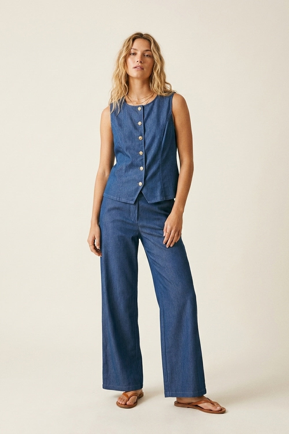 Sleeveless Button-Front Vest & Wide-Leg Trouser Set