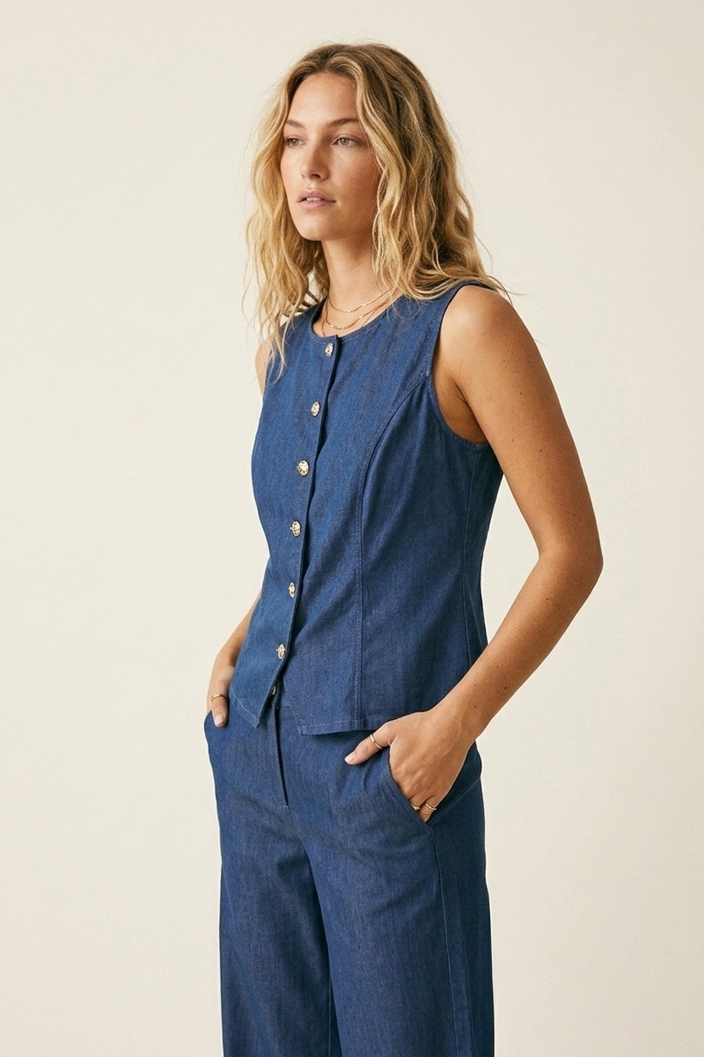 Sleeveless Button-Front Vest & Wide-Leg Trouser Set