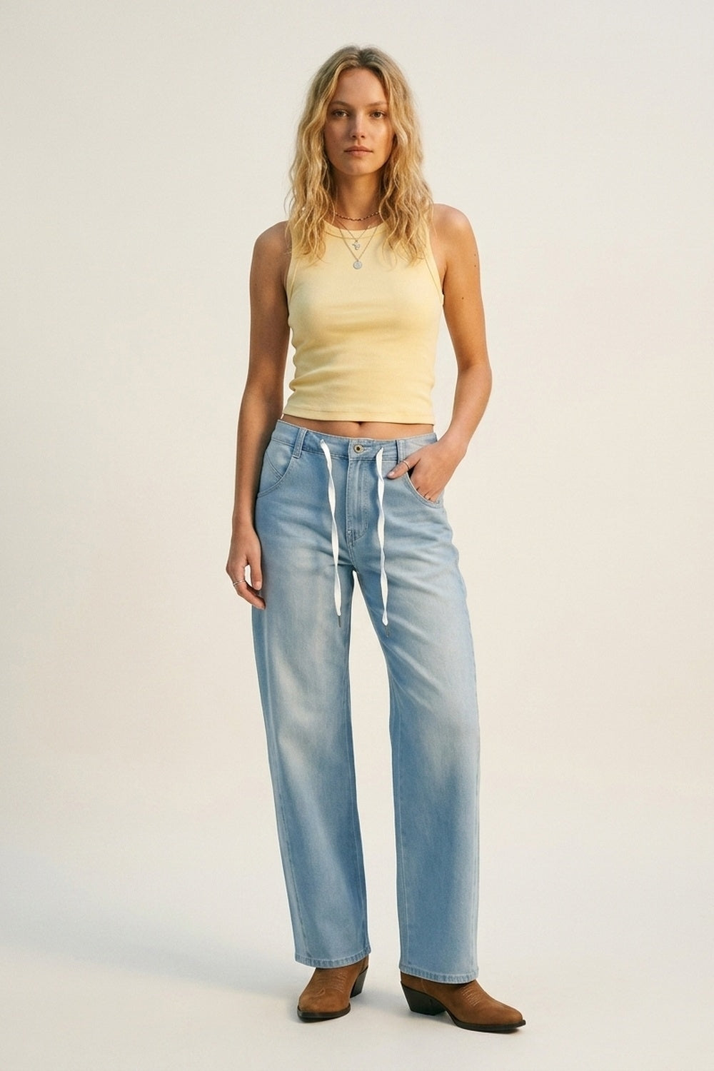 Light Blue Drawstring Relaxed Fit Denim Jeans