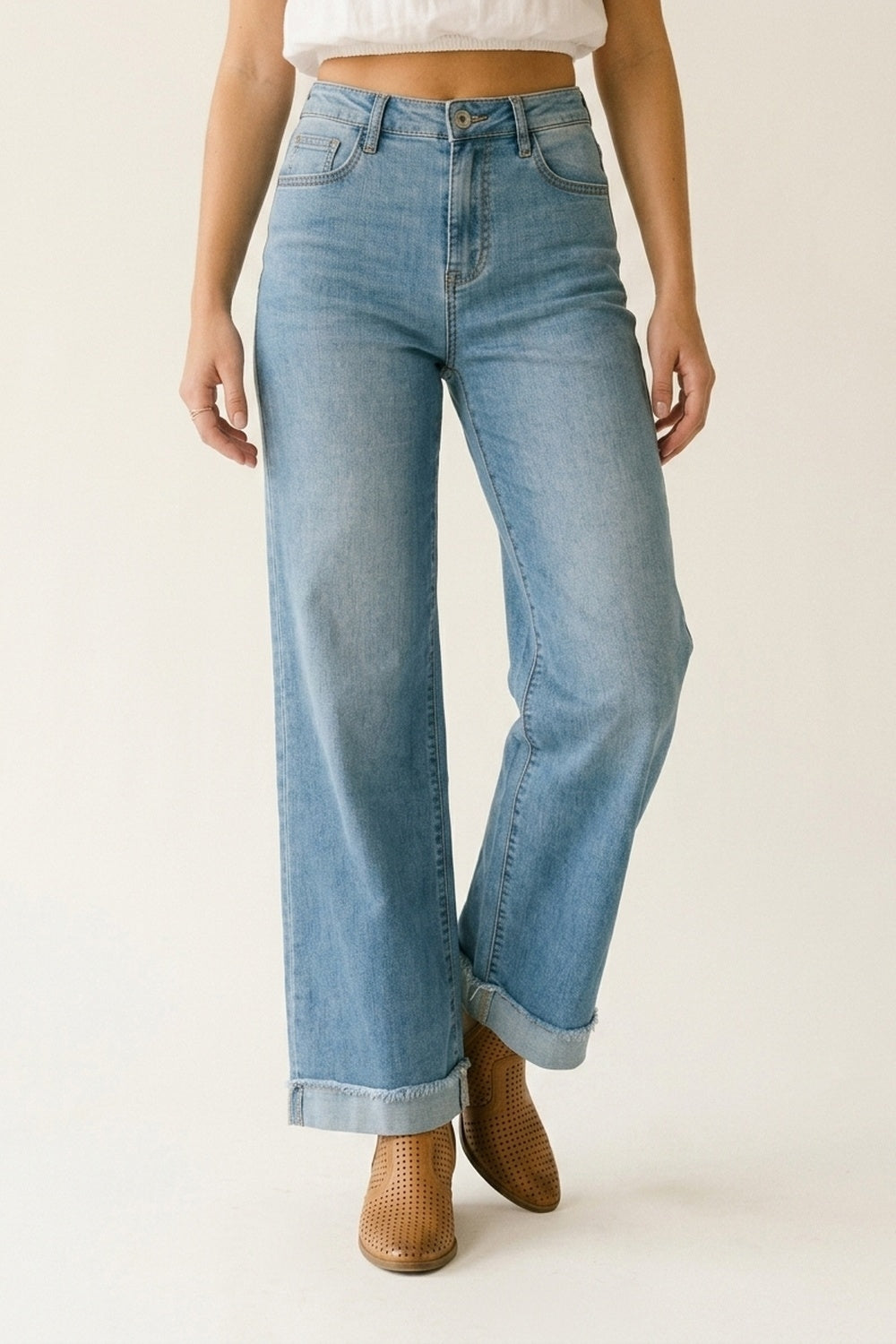 Light Blue Wide Leg Denim Jeans with Cuffed Hem