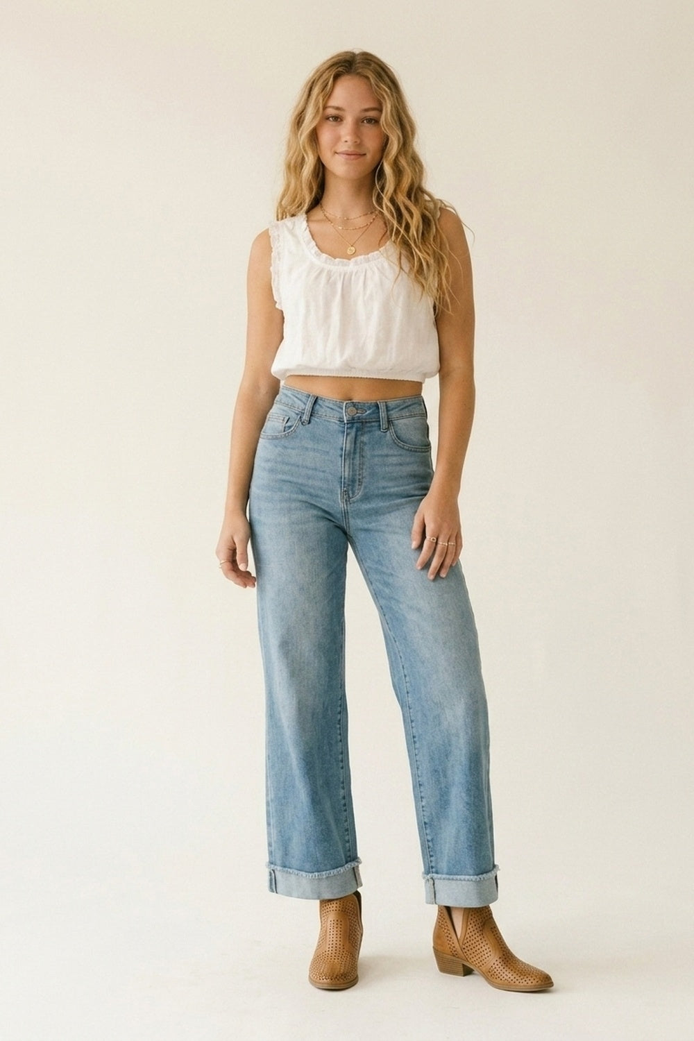 Light Blue Wide Leg Denim Jeans with Cuffed Hem