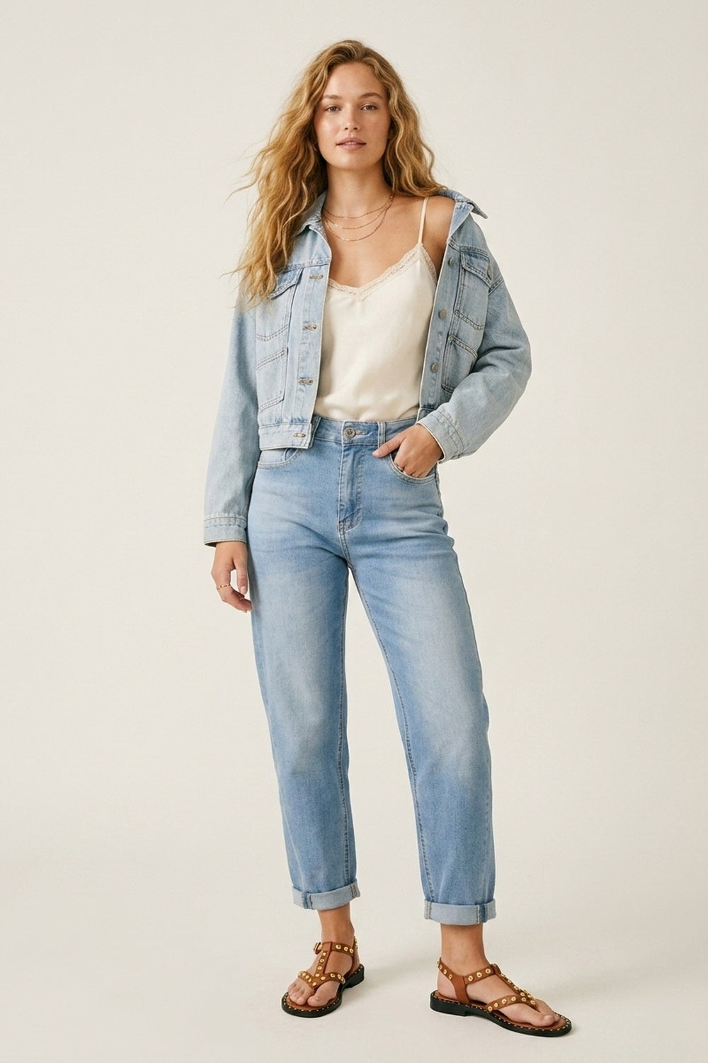 Light Blue Denim mom style Fit Jeans in ankle Length