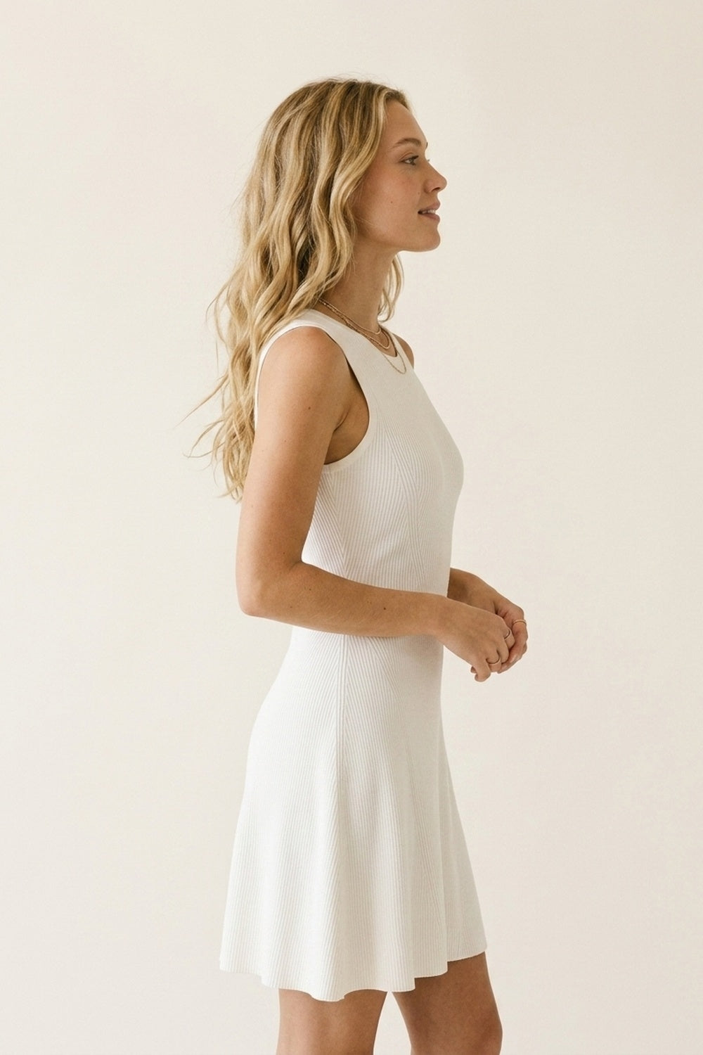 White Ribbed Knit Sleeveless Fit and Flare Dress