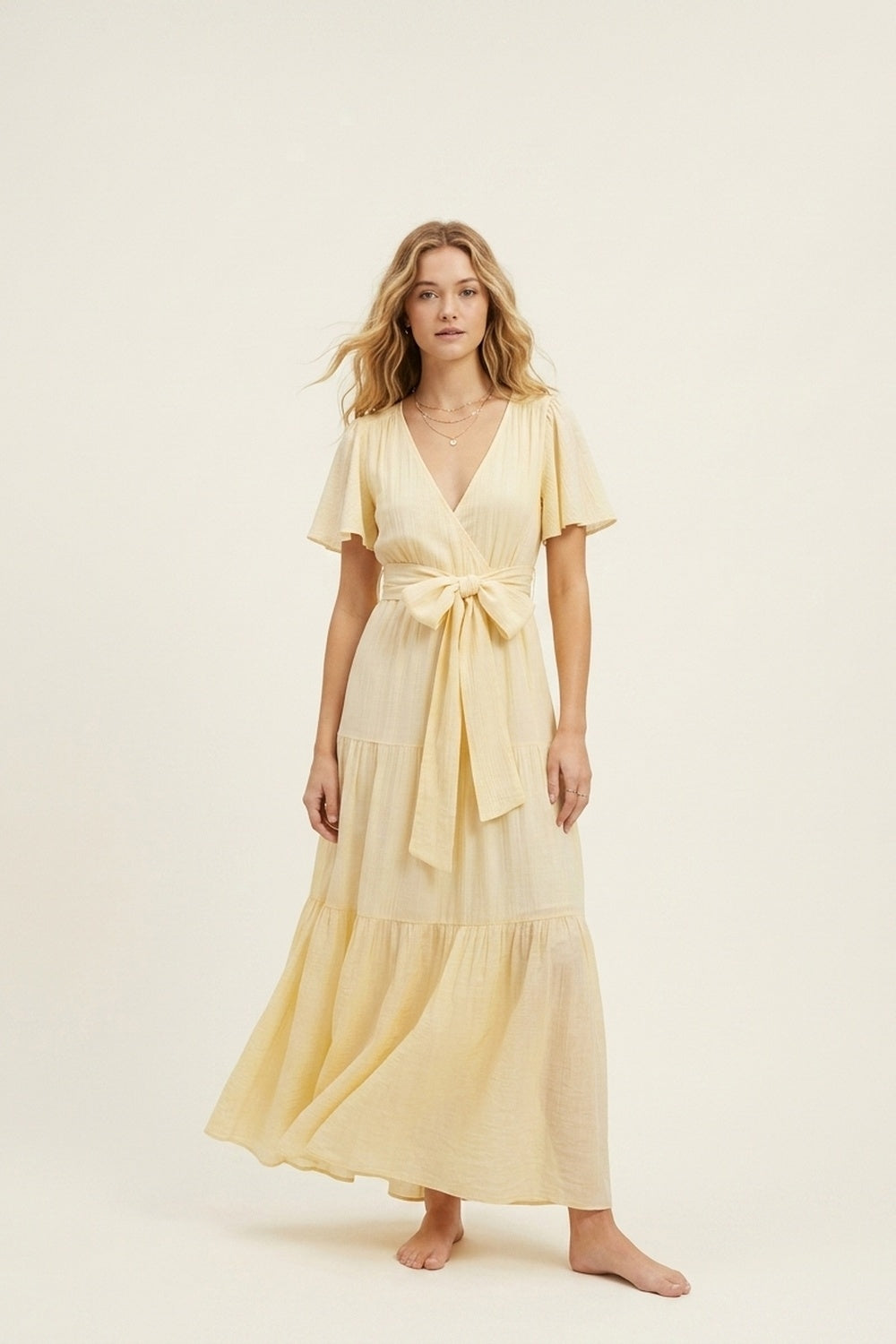 Yellow Maxi Dress with Waist Tie and Flutter Sleeves