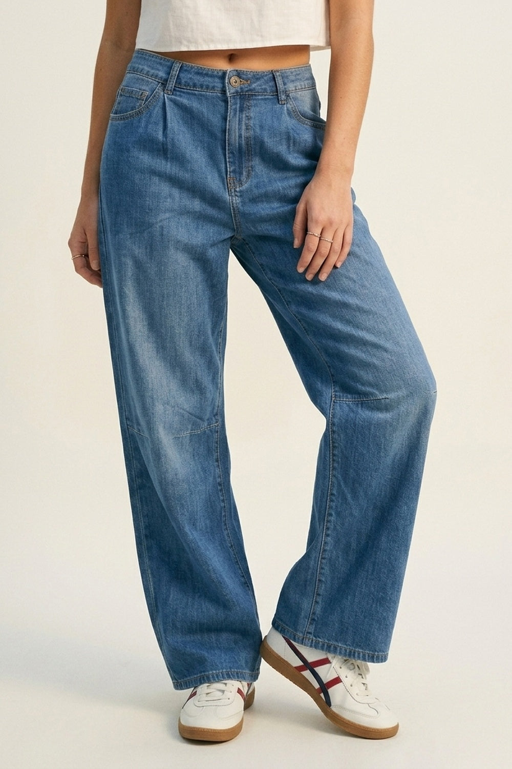 Lightweight Denim Wide-Leg Jeans with Curved Seam Detail