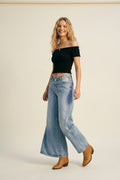 Light-Wash Wide-Leg Jeans with Turned-Down Waist Detail
