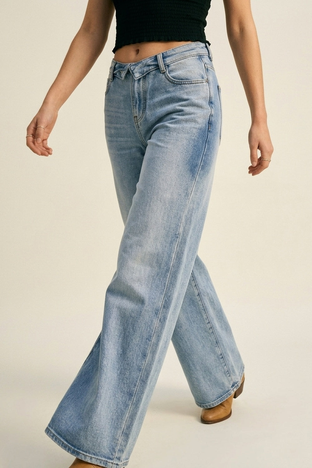 Light-Wash Wide-Leg Jeans with Turned-Down Waist Detail