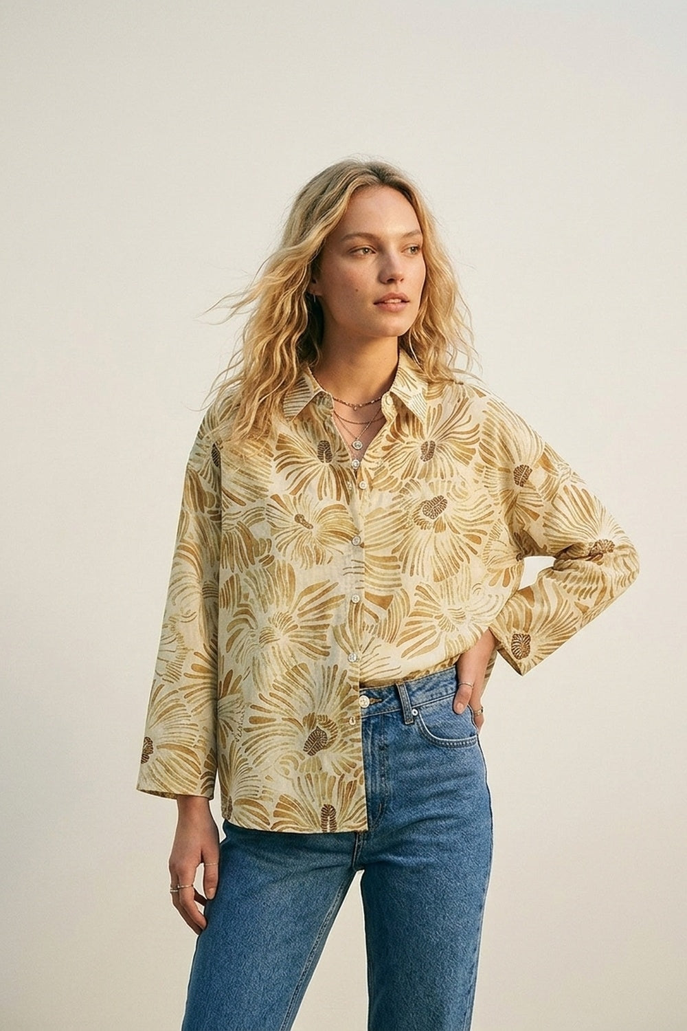 Floral Button-Up Relaxed Fit Shirt in yellow