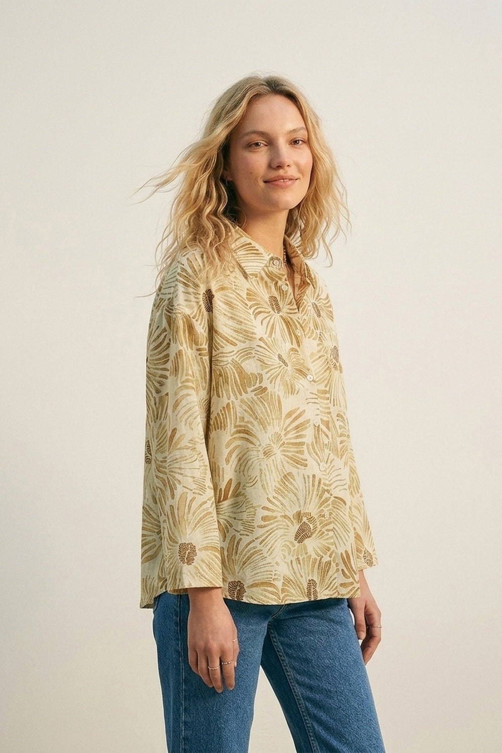 Floral Button-Up Relaxed Fit Shirt in yellow