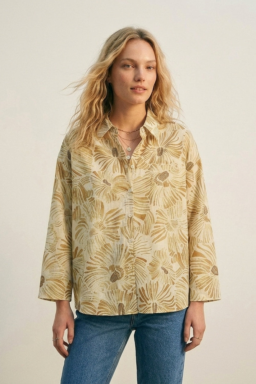 Floral Button-Up Relaxed Fit Shirt in yellow