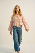 Beige Pink Crochet Geo Pattern Scallop Hem Wide Sleeve Top