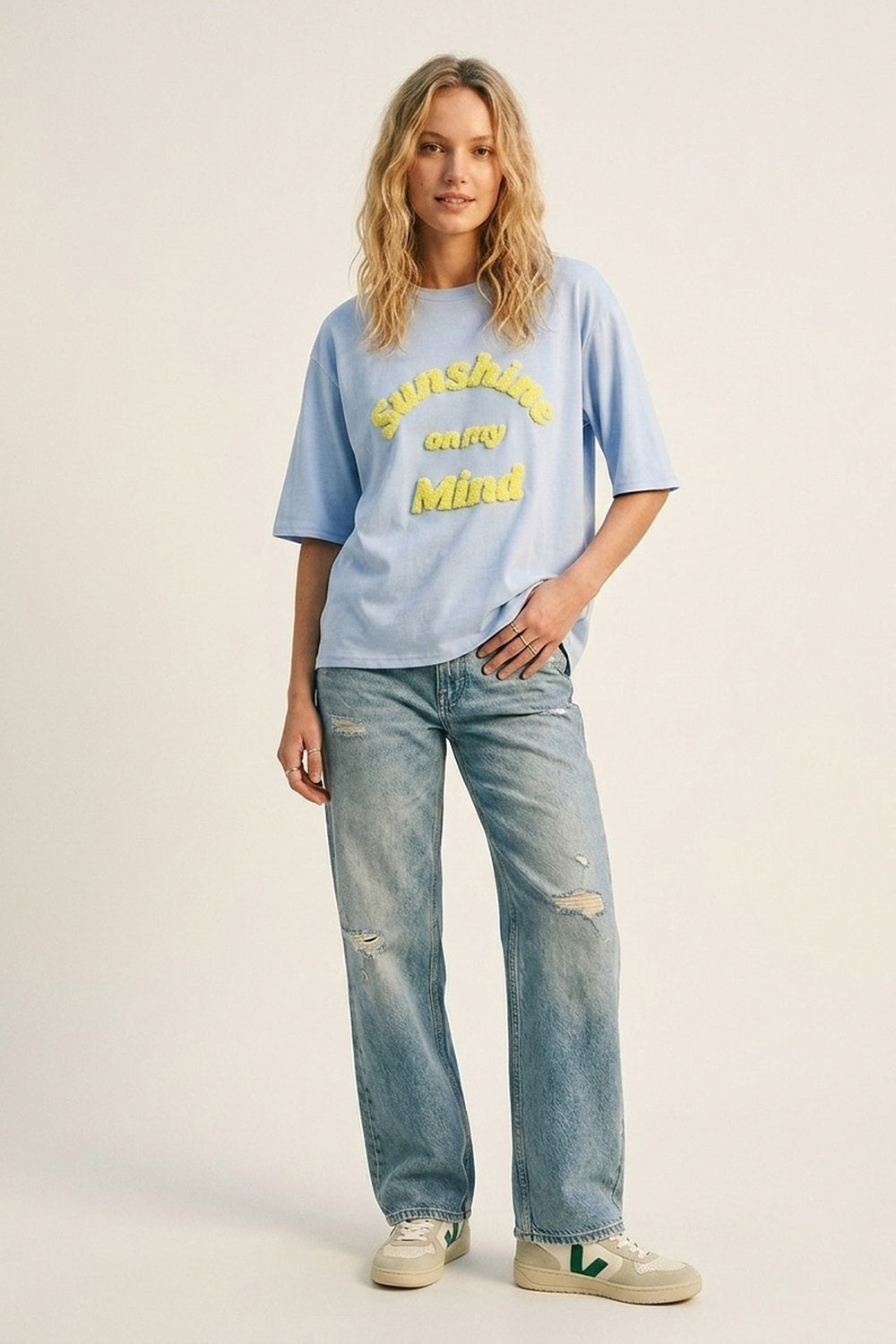 Light Blue Relaxed Fit Tee with Yellow Lettering