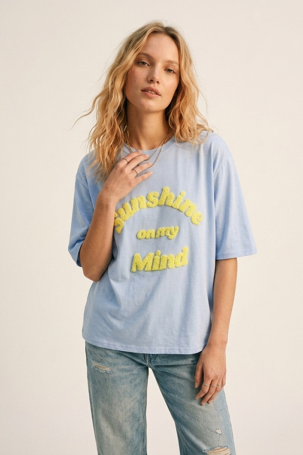 Light Blue Relaxed Fit Tee with Yellow Lettering