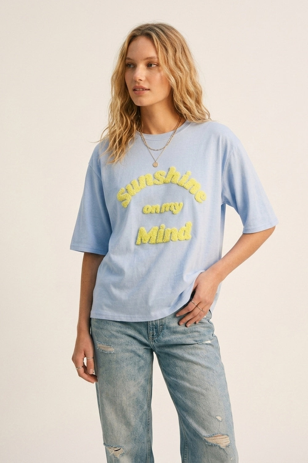 Light Blue Relaxed Fit Tee with Yellow Lettering