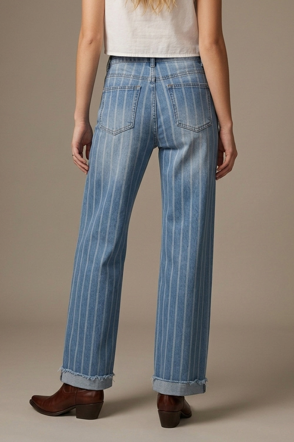 medium wash Blue Jeans with Stripe Design and Frayed Wide Leg