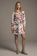 White Floral Print Lightweight Woven Belted Long Sleeve Mini Dress