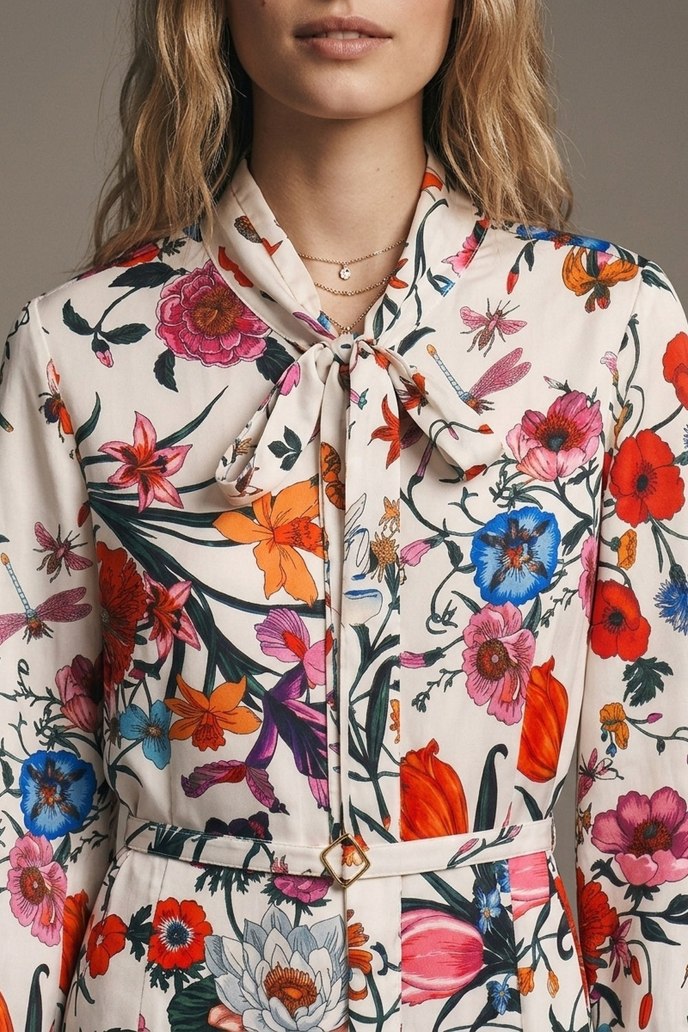 White Floral Print Lightweight Woven Belted Long Sleeve Mini Dress