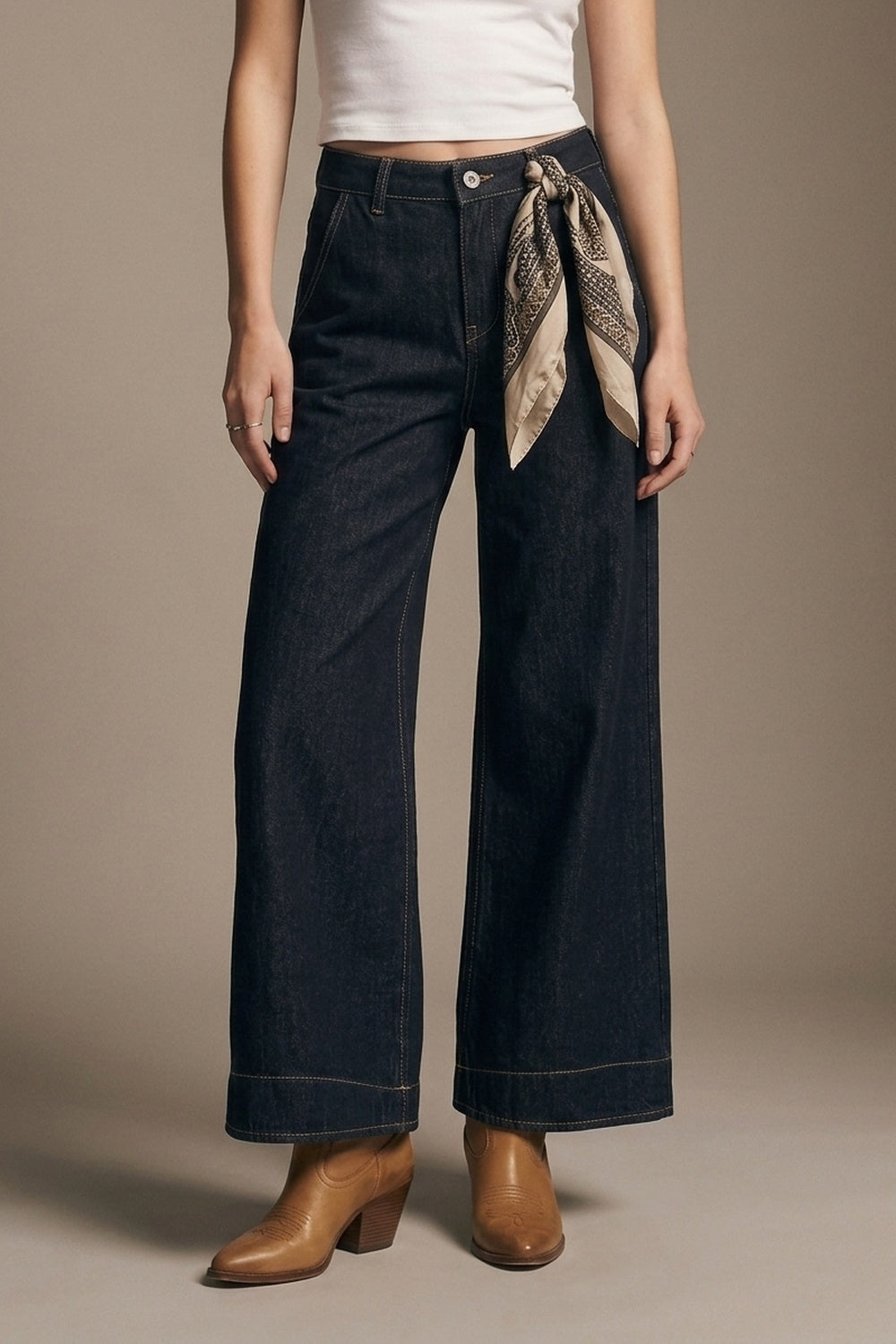 Dark Denim Wide-Leg Jeans with Contrast Stitching